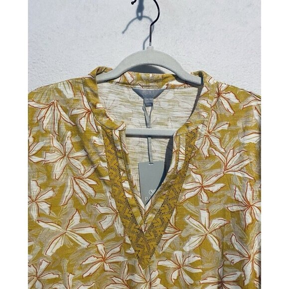 Pure Collection Top Womens 14 Yellow Tropical Floral Lace Trim Slub Knit Boho - Picture 2 of 7